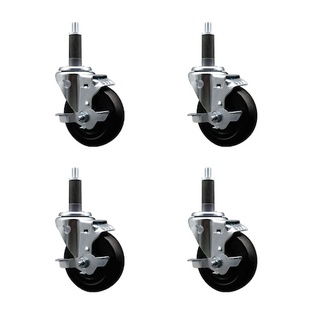Service Caster 4'' SS Hard Rubber Swivel 1'' Expanding Stem Caster Set with Brake, 4PK SCC-SSEX20S414-HRS-TLB-1-4
